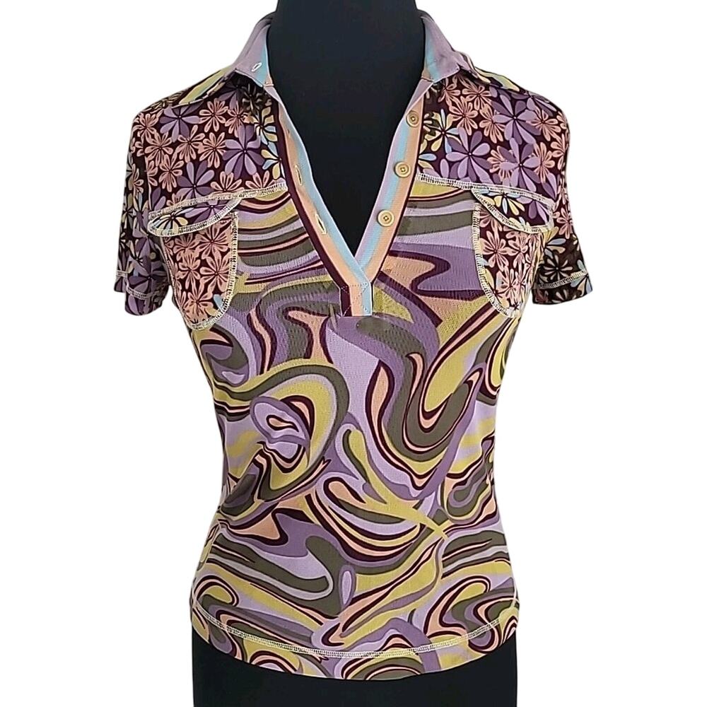 Girdear Sporty Psychedelic Print Half Button Knit Polo Top Yellow Purple Brown S